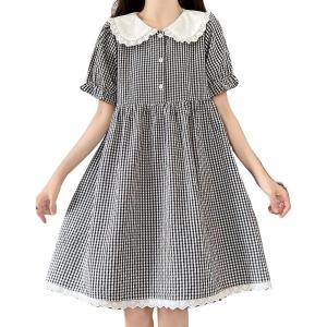 image:imagechouyatou Womens Retro Plaid Button Up Babydoll Mini Dress Short Sleeve Lace Ruffle Lapel Collared Gingham DressBlack