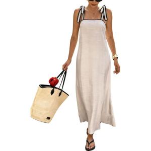 image:imagechouyatou Womens Sexy Tie Strap Maxi Dress Cotton Linen Flowy Pleated Long Dress Boho Beach Party Tank Sun DressApricot
