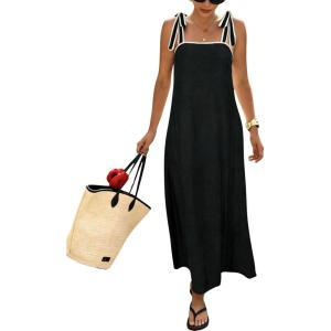 image:imagechouyatou Womens Sexy Tie Strap Maxi Dress Cotton Linen Flowy Pleated Long Dress Boho Beach Party Tank Sun DressBlack