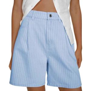 image:imagechouyatou Womens Striped High Waisted Jean Shorts Y2K Cargo Denim Shorts with PocketsBlue