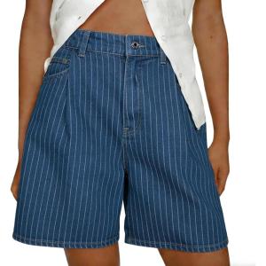 image:imagechouyatou Womens Striped High Waisted Jean Shorts Y2K Cargo Denim Shorts with PocketsBlue Denim