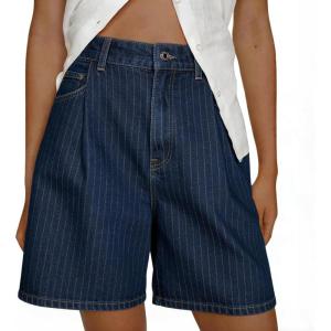 image:imagechouyatou Womens Striped High Waisted Jean Shorts Y2K Cargo Denim Shorts with PocketsDark Blue Denim