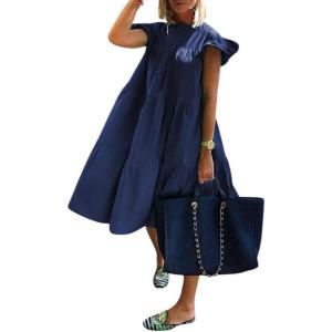 image:imagechouyatou Womens Summer Flutter Sleeve Tiered Babydoll Dress Cute ALine Midi Long Tunic DressDark Blue