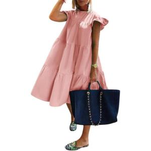 image:imagechouyatou Womens Summer Flutter Sleeve Tiered Babydoll Dress Cute ALine Midi Long Tunic DressPink