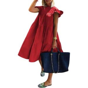 image:imagechouyatou Womens Summer Flutter Sleeve Tiered Babydoll Dress Cute ALine Midi Long Tunic DressRed