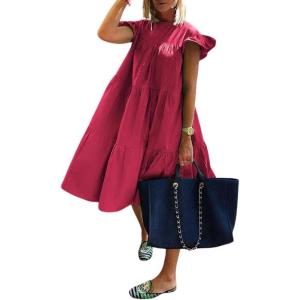 image:imagechouyatou Womens Summer Flutter Sleeve Tiered Babydoll Dress Cute ALine Midi Long Tunic DressRose Red