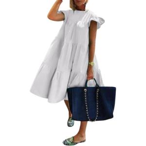 image:imagechouyatou Womens Summer Flutter Sleeve Tiered Babydoll Dress Cute ALine Midi Long Tunic DressWhite