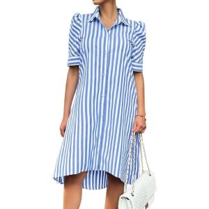 image:imagechouyatou Womens Summer Puff Short Sleeve Striped Shirt Dress Button Down Lapel Midi Long Shift Dress with PocketsBlue