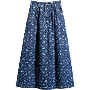 image:imagechouyatou Womens Vintage Floral Print Denim Skirt High Elastic Waist A Line Pleated Midi Long Jean Skirt with PocketsDark Blue