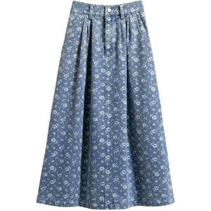 image:imagechouyatou Womens Vintage Floral Print Denim Skirt High Elastic Waist A Line Pleated Midi Long Jean Skirt with PocketsLight Blue