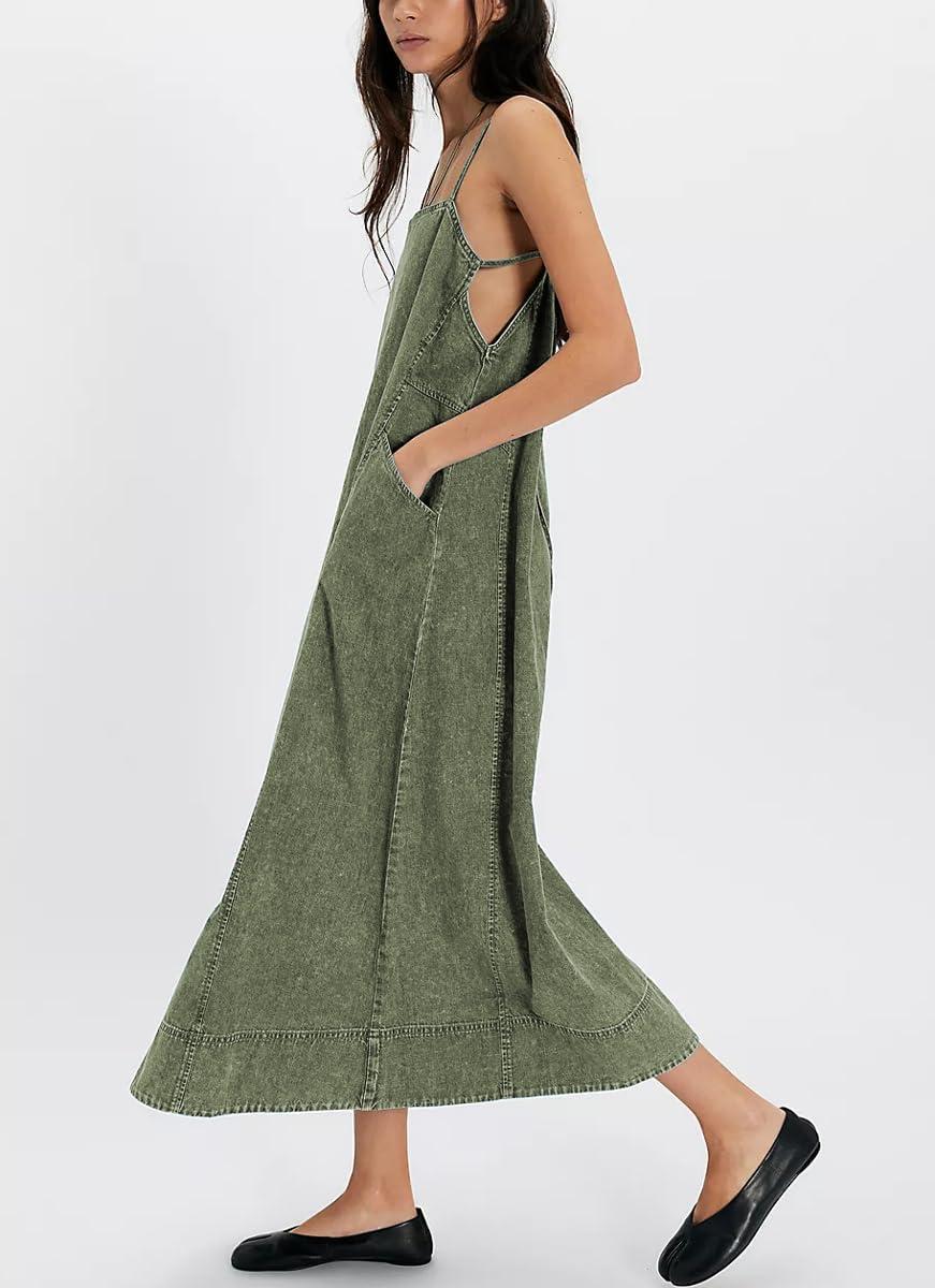 image:imagechouyatou Womens Adjustable Spaghetti Strap Denim Dress Distressed ALine Swing Maxi Long Jean DressArmy Green