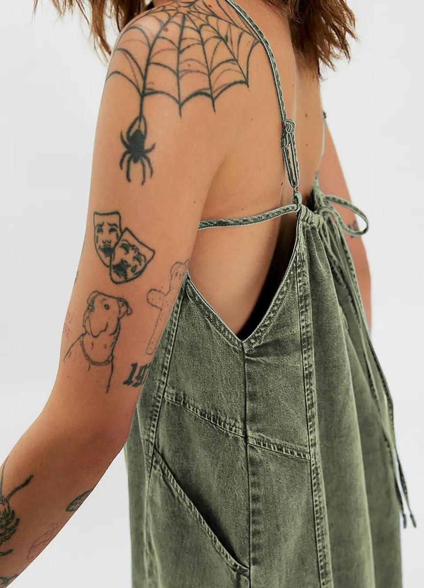 image:imagechouyatou Womens Adjustable Spaghetti Strap Denim Dress Distressed ALine Swing Maxi Long Jean DressArmy Green