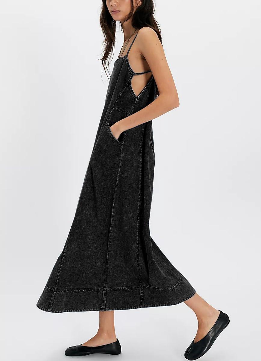 image:imagechouyatou Womens Adjustable Spaghetti Strap Denim Dress Distressed ALine Swing Maxi Long Jean DressBlack