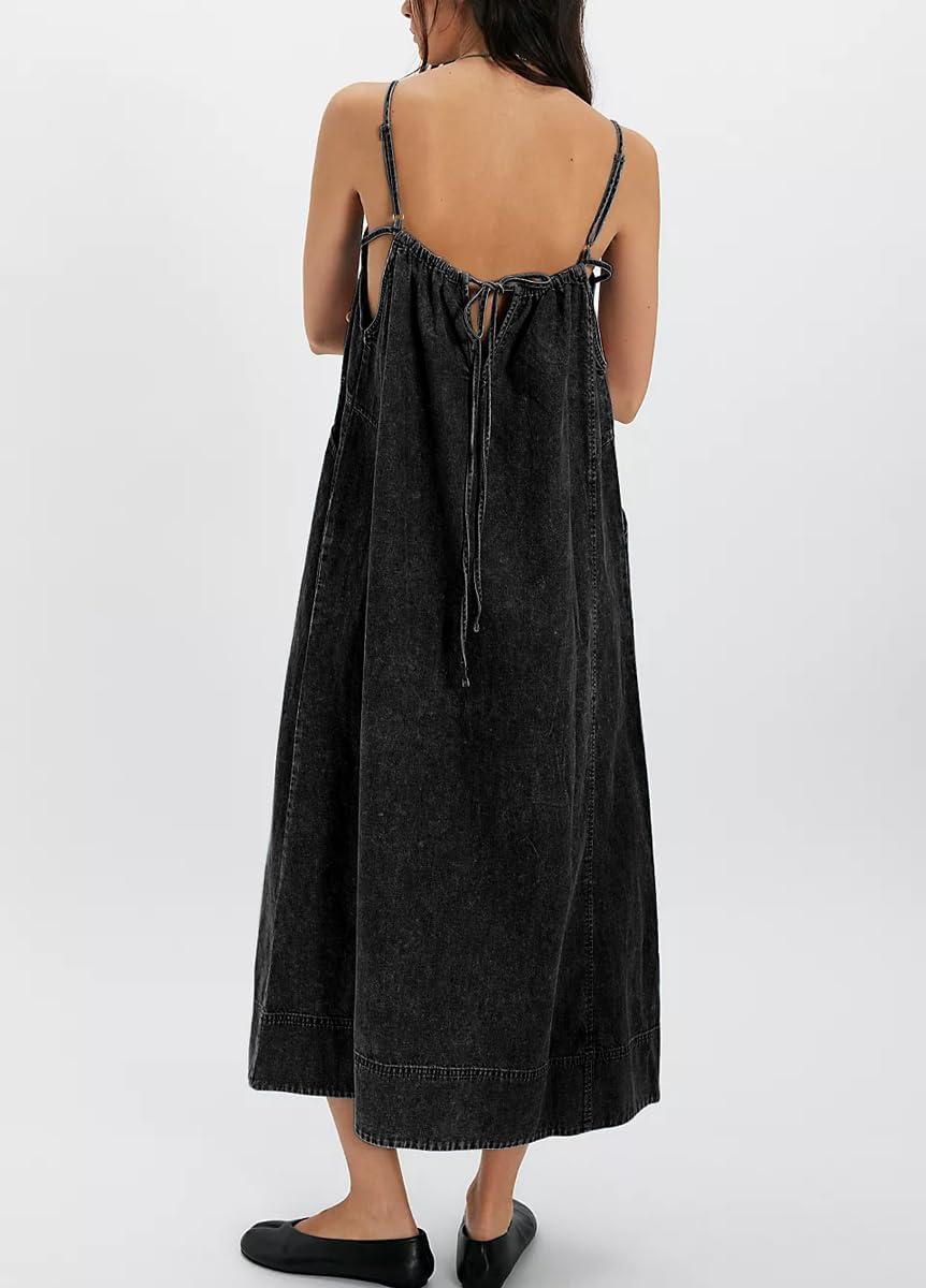 image:imagechouyatou Womens Adjustable Spaghetti Strap Denim Dress Distressed ALine Swing Maxi Long Jean DressBlack