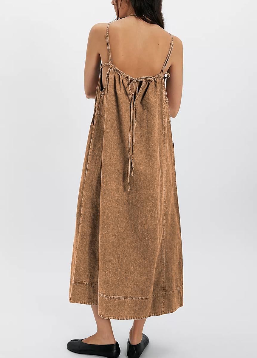 image:imagechouyatou Womens Adjustable Spaghetti Strap Denim Dress Distressed ALine Swing Maxi Long Jean DressBrown