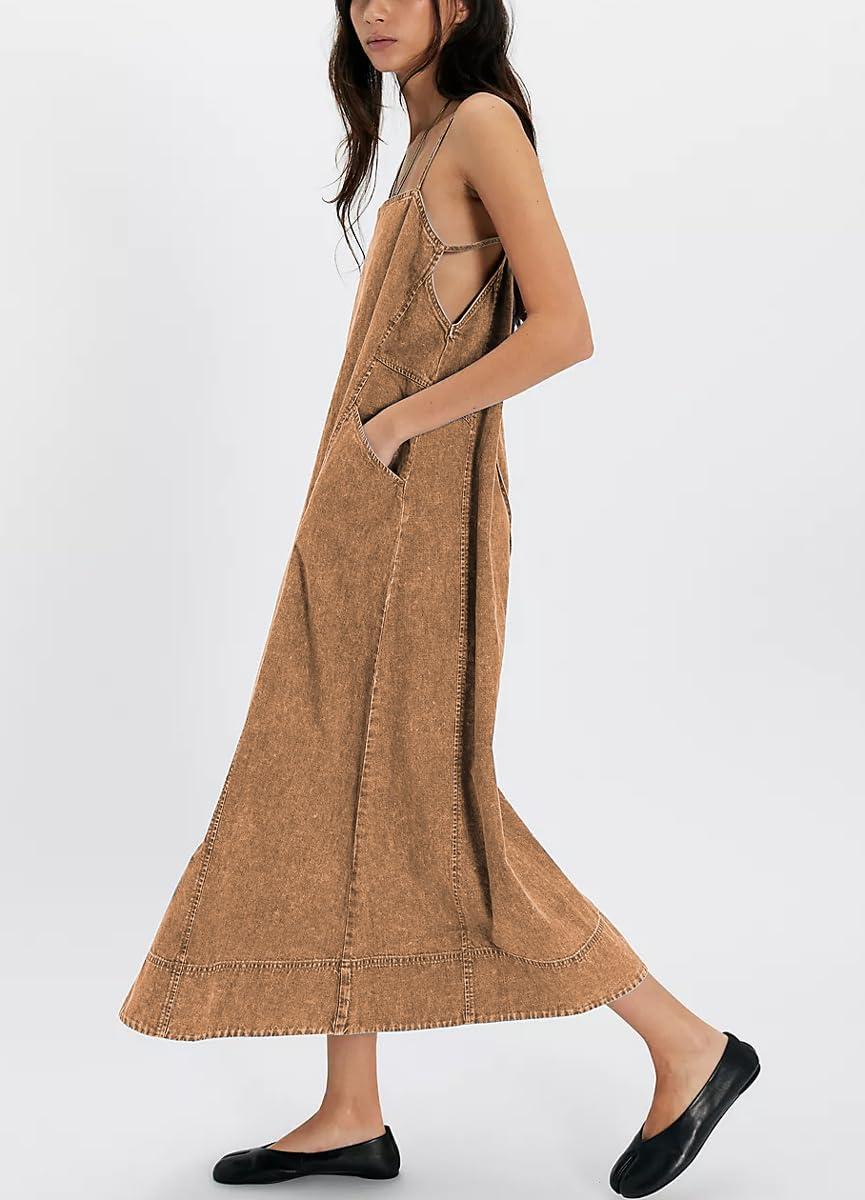 image:imagechouyatou Womens Adjustable Spaghetti Strap Denim Dress Distressed ALine Swing Maxi Long Jean DressBrown