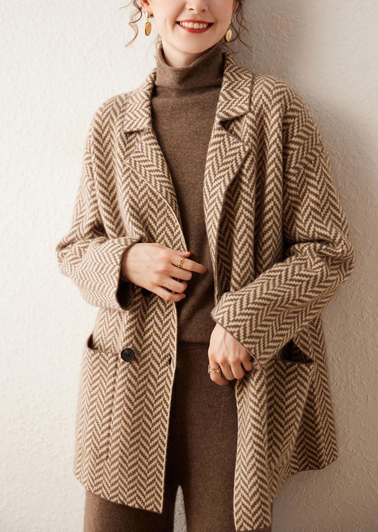 image:imagechouyatou Womens Herringbone Striped Cardigans Double Breasted Dressy Blazer Peacoat Sweater Coatigan JacketBrown