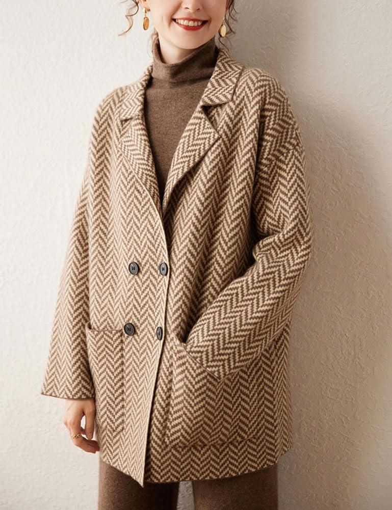 image:imagechouyatou Womens Herringbone Striped Cardigans Double Breasted Dressy Blazer Peacoat Sweater Coatigan JacketBrown