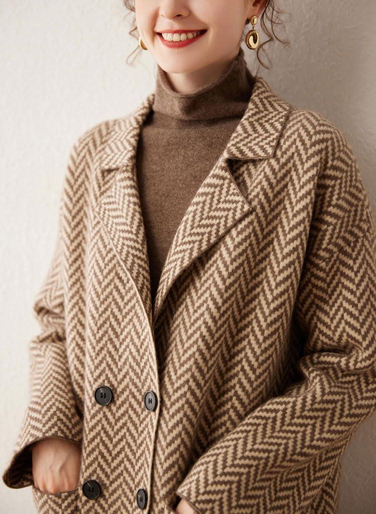 image:imagechouyatou Womens Herringbone Striped Cardigans Double Breasted Dressy Blazer Peacoat Sweater Coatigan JacketBrown