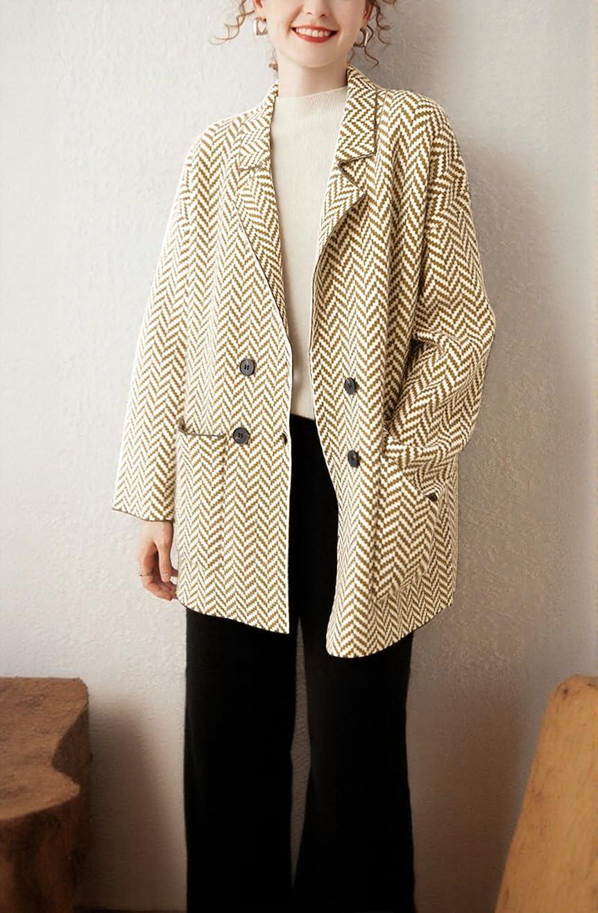 image:imagechouyatou Womens Herringbone Striped Cardigans Double Breasted Dressy Blazer Peacoat Sweater Coatigan JacketKhaki