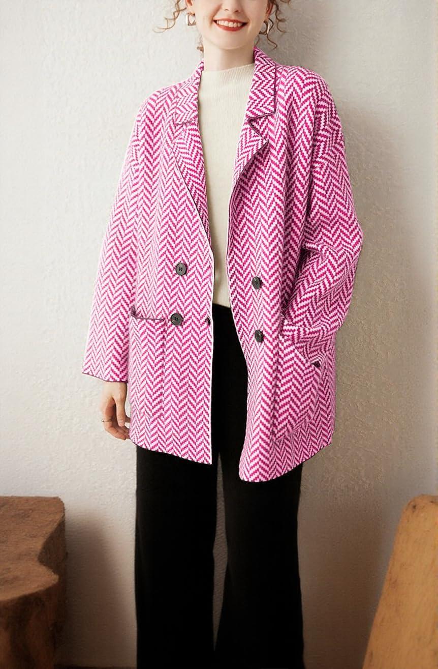 image:imagechouyatou Womens Herringbone Striped Cardigans Double Breasted Dressy Blazer Peacoat Sweater Coatigan JacketRose Red