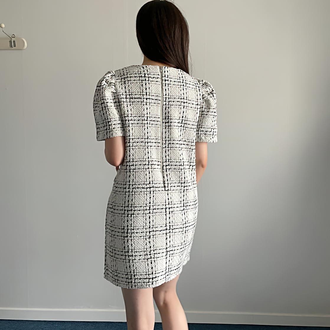 image:imagechouyatou Womens Tweed Mini Dress Short Sleeve Crew Neck Work Office Elegant Formal Summer A Line DressesBeige