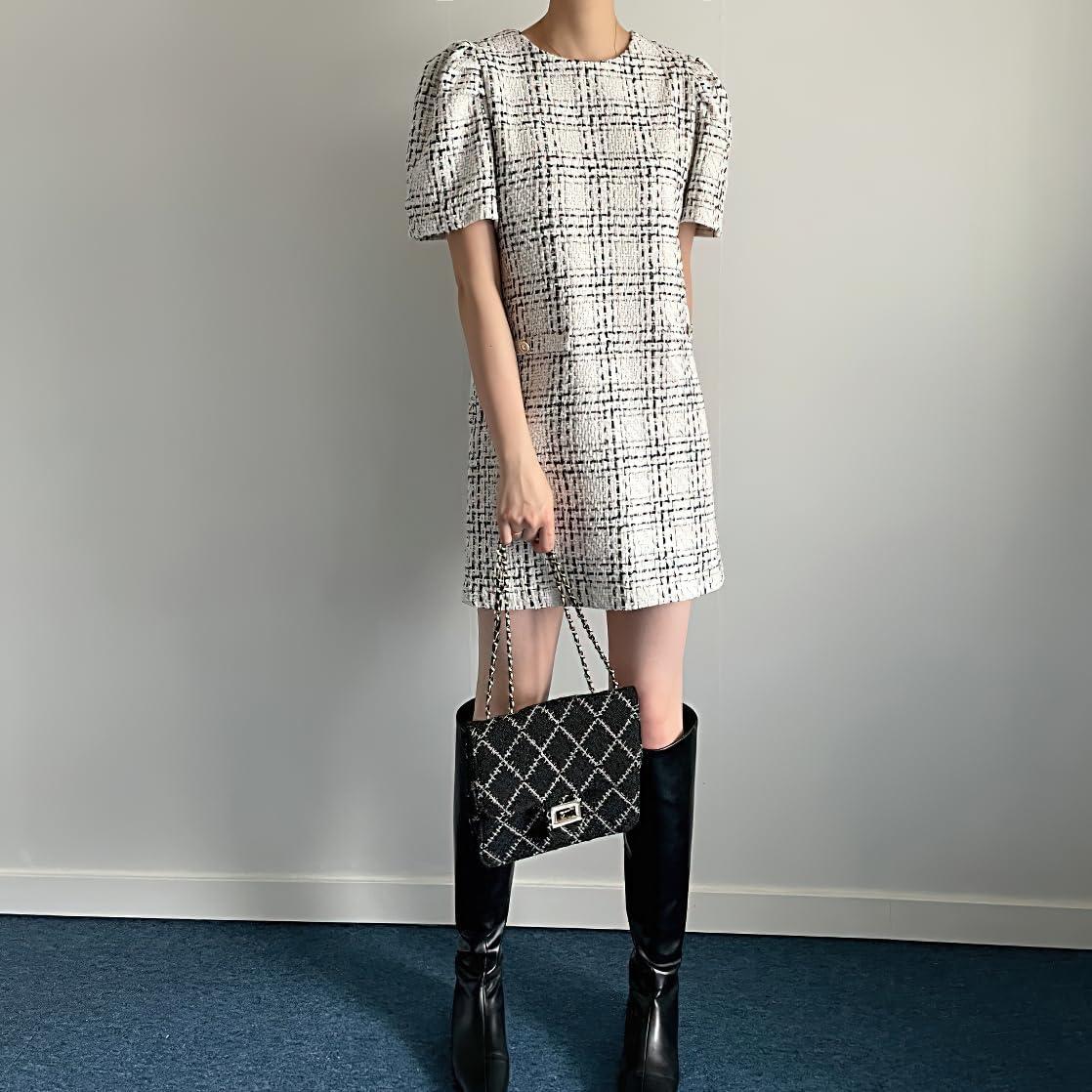 image:imagechouyatou Womens Tweed Mini Dress Short Sleeve Crew Neck Work Office Elegant Formal Summer A Line DressesBeige