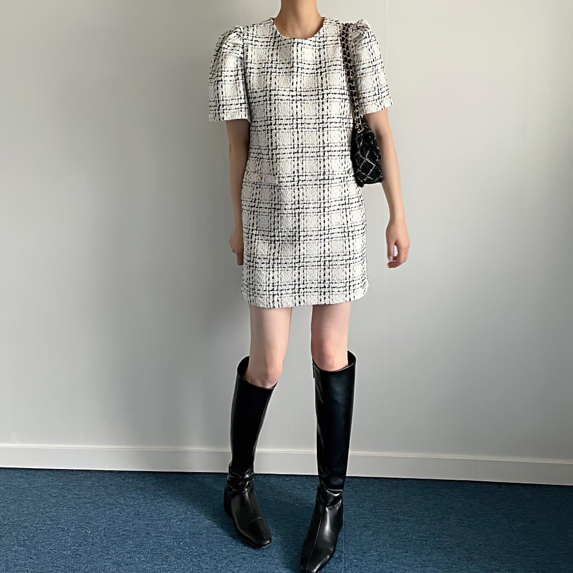 image:imagechouyatou Womens Tweed Mini Dress Short Sleeve Crew Neck Work Office Elegant Formal Summer A Line DressesBeige