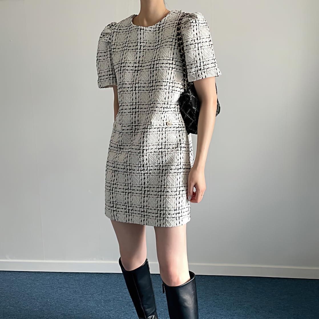 image:imagechouyatou Womens Tweed Mini Dress Short Sleeve Crew Neck Work Office Elegant Formal Summer A Line DressesBeige