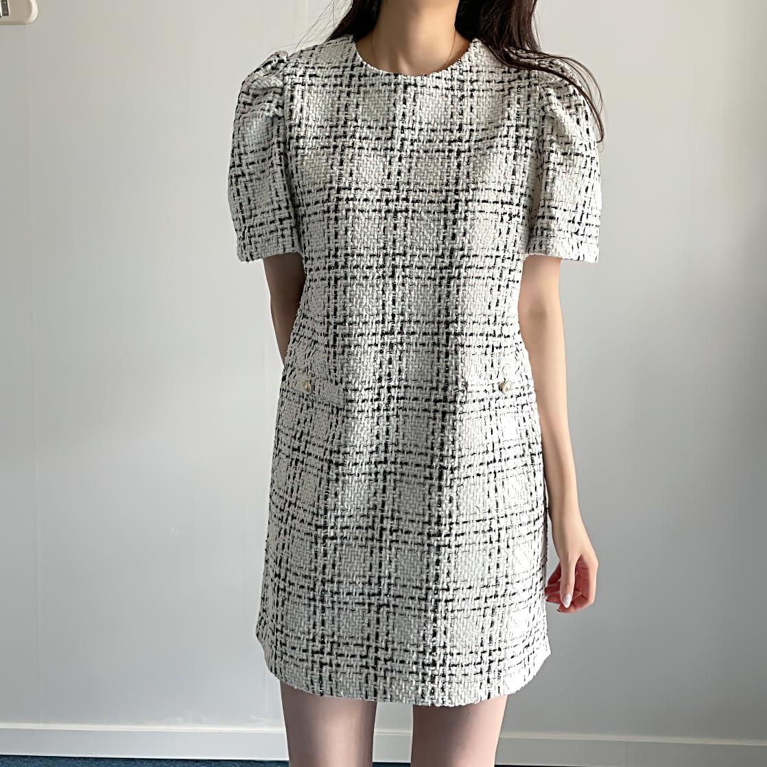 image:imagechouyatou Womens Tweed Mini Dress Short Sleeve Crew Neck Work Office Elegant Formal Summer A Line DressesBeige
