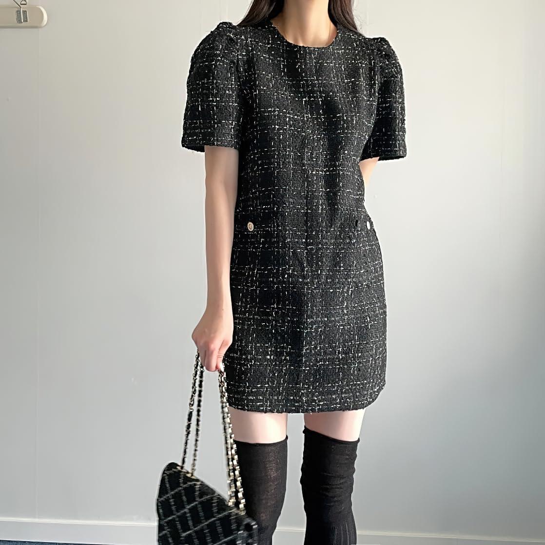 image:imagechouyatou Womens Tweed Mini Dress Short Sleeve Crew Neck Work Office Elegant Formal Summer A Line DressesBlack
