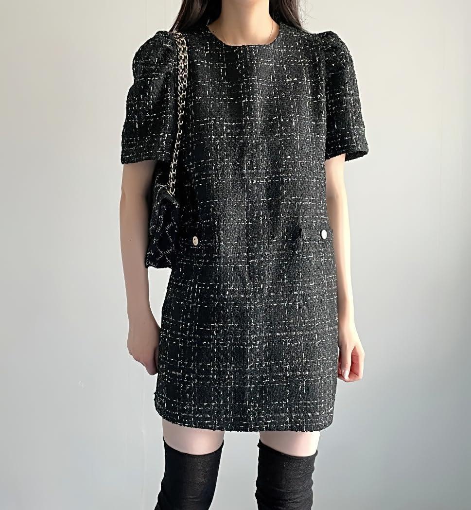 image:imagechouyatou Womens Tweed Mini Dress Short Sleeve Crew Neck Work Office Elegant Formal Summer A Line DressesBlack