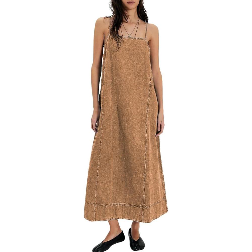 image:imagechouyatou Womens Adjustable Spaghetti Strap Denim Dress Distressed ALine Swing Maxi Long Jean DressBrown