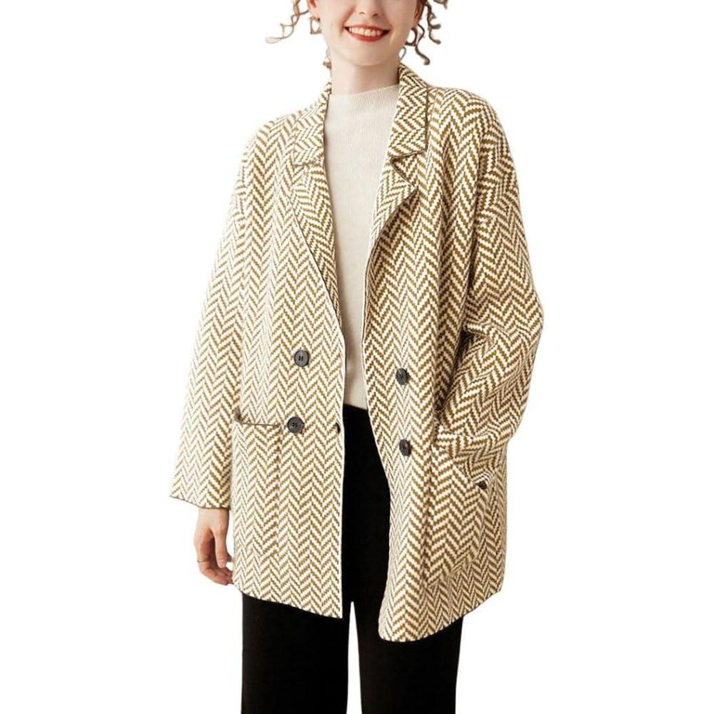 image:imagechouyatou Womens Herringbone Striped Cardigans Double Breasted Dressy Blazer Peacoat Sweater Coatigan JacketKhaki