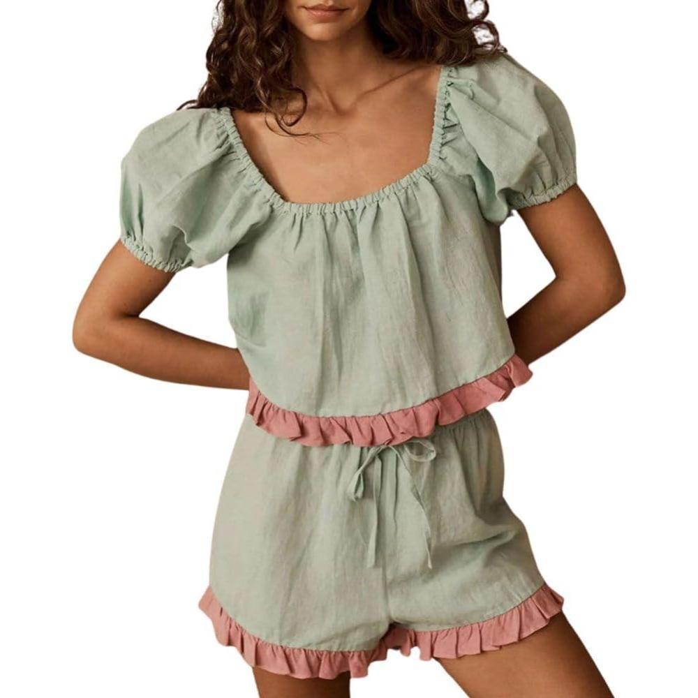 image:imagechouyatou Womens Summer Shorts Set 2 Piece Outfits Puff Sleeve Crop Top Drawstring Shorts Ruffle Color Block SetsGreen
