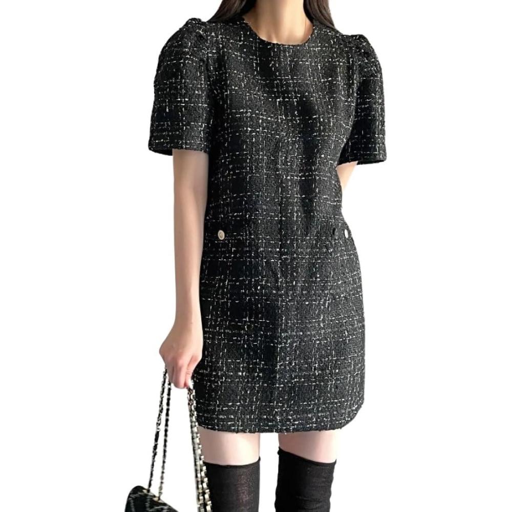 image:imagechouyatou Womens Tweed Mini Dress Short Sleeve Crew Neck Work Office Elegant Formal Summer A Line DressesBlack