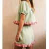 image:imagechouyatou Womens Summer Shorts Set 2 Piece Outfits Puff Sleeve Crop Top Drawstring Shorts Ruffle Color Block SetsGreen