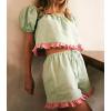image:imagechouyatou Womens Summer Shorts Set 2 Piece Outfits Puff Sleeve Crop Top Drawstring Shorts Ruffle Color Block SetsGreen