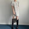 image:imagechouyatou Womens Tweed Mini Dress Short Sleeve Crew Neck Work Office Elegant Formal Summer A Line DressesBeige