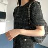 image:imagechouyatou Womens Tweed Mini Dress Short Sleeve Crew Neck Work Office Elegant Formal Summer A Line DressesBlack