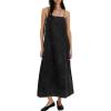 image:imagechouyatou Womens Adjustable Spaghetti Strap Denim Dress Distressed ALine Swing Maxi Long Jean DressBlack
