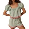 image:imagechouyatou Womens Summer Shorts Set 2 Piece Outfits Puff Sleeve Crop Top Drawstring Shorts Ruffle Color Block SetsGreen