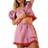 image:imagechouyatou Womens Summer Shorts Set 2 Piece Outfits Puff Sleeve Crop Top Drawstring Shorts Ruffle Color Block SetsPink