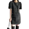 image:imagechouyatou Womens Tweed Mini Dress Short Sleeve Crew Neck Work Office Elegant Formal Summer A Line DressesBlack