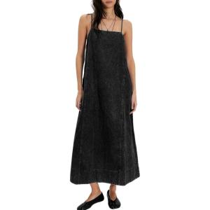 image:imagechouyatou Womens Adjustable Spaghetti Strap Denim Dress Distressed ALine Swing Maxi Long Jean DressBlack