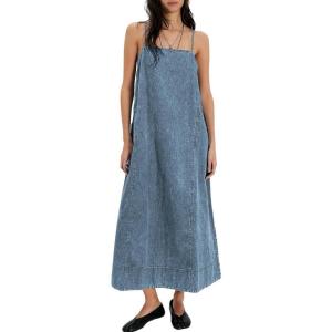 image:imagechouyatou Womens Adjustable Spaghetti Strap Denim Dress Distressed ALine Swing Maxi Long Jean DressBlue