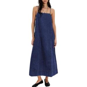 image:imagechouyatou Womens Adjustable Spaghetti Strap Denim Dress Distressed ALine Swing Maxi Long Jean DressDark Blue