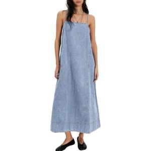 image:imagechouyatou Womens Adjustable Spaghetti Strap Denim Dress Distressed ALine Swing Maxi Long Jean DressLight Blue