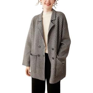 image:imagechouyatou Womens Herringbone Striped Cardigans Double Breasted Dressy Blazer Peacoat Sweater Coatigan JacketBlack