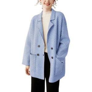 image:imagechouyatou Womens Herringbone Striped Cardigans Double Breasted Dressy Blazer Peacoat Sweater Coatigan JacketBlue